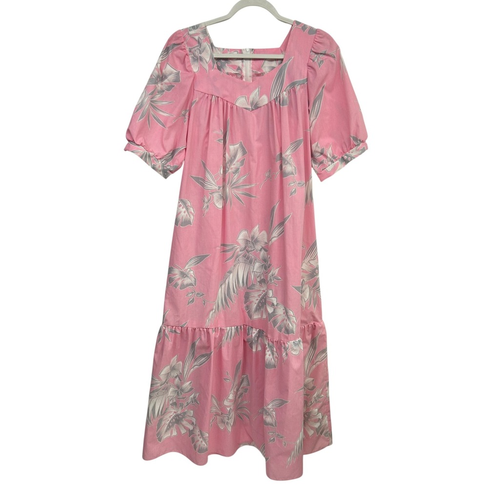 Hawaiian Tropical Babydoll Midi Dress M Pink Floral Puff Sleeve Resort Coastal